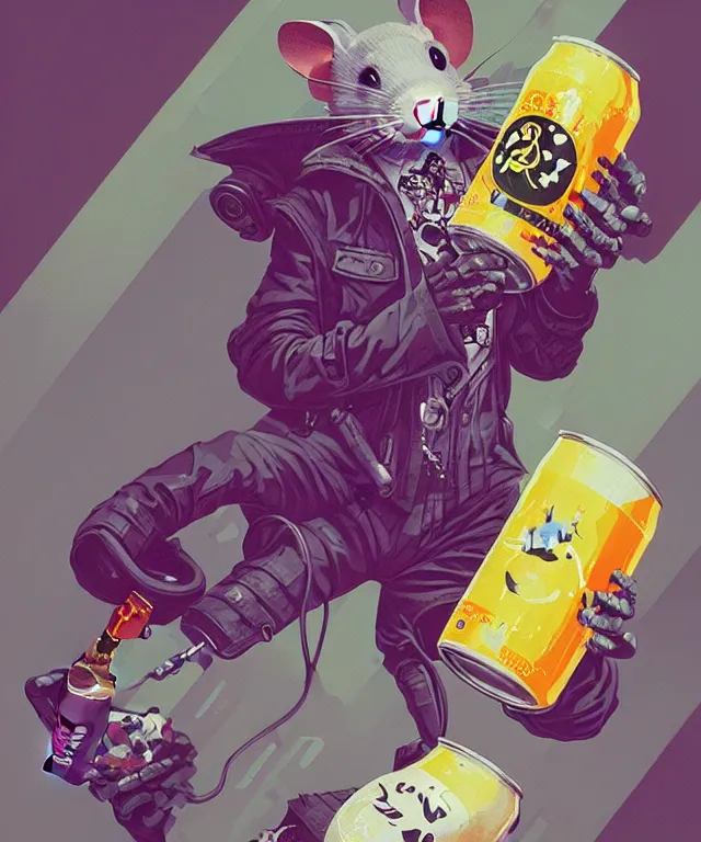 Image similar to a portrait of an anthropomorphic cyberpunk mouse holding a can of beer, cyberpunk!, fantasy, elegant, digital painting, artstation, concept art, matte, sharp focus, illustration, art by josan gonzalez