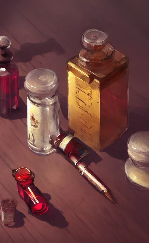 Image similar to a beautiful painting illustration of a stylized health potion on a wooden table, scratched vial, high contrast, crimson, by greg rutkowski, featured on artstation, rpg item