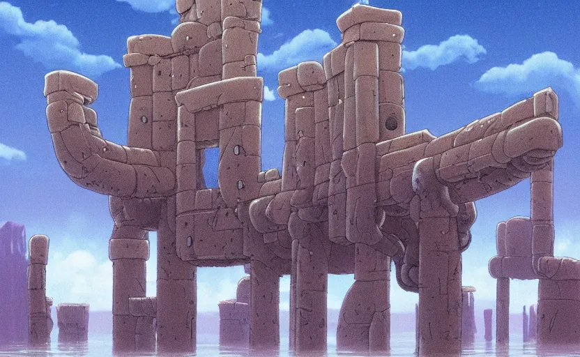 Prompt: a realistic cell - shaded studio ghibli concept art from paprika ( 2 0 0 6 ) of a flying intelligent dull grey mechanical octopus from close encounters of the third kind ( 1 9 7 7 ) in a flooded monument valley stonehenge. very dull colors, wide shot, hd, 4 k, hq