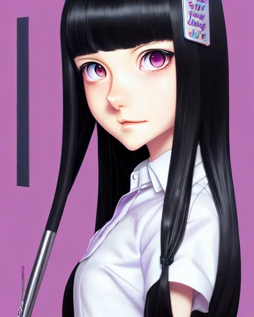 Image similar to depicting a wealthy young mischievous female stoner prep school student with medium length silky straight iridescent black hair and pale skin, illustrated by Artgerm and Range Murata.