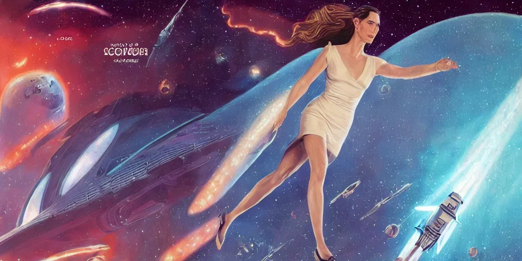 Prompt: Jennifer connelly as a stunning , beautiful retro SCI-FI space heroine 1985 , star ship taking off in the background on the left side , movie poster, intricate, elegant, highly detailed, centered, digital painting, trending on artstation, concept art, smooth, sharp focus, illustration, art by illustration, Unreal Engine 5, 8K, art by artgerm and greg rutkowski and alphonse mucha WLOP