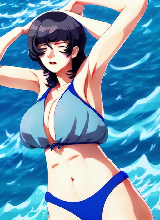 Image similar to full body illustraion of jugoku no fubuki as a handsome woman, wearing two - piece swimsuit, ilya kuvshinov, anime, deroo, pixiv top monthly, trending on artstation, cinematic, danbooru, zerochan art, kyoto animation