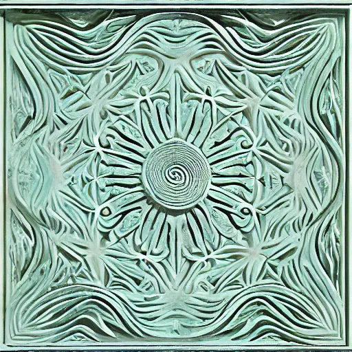 Prompt: thin lines, fractals, lichen macro, joe fenton, serpentine twisty maze, carved soapstone ceiling relief paneling white and pale green