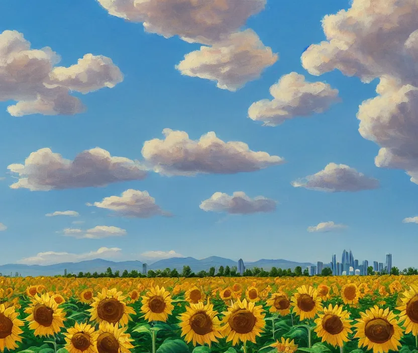 Image similar to a very detailed painting of a sunflower field, baby blue sky with very aesthetic stylized clouds, there is a big city with futuristic buildings in the back, there are mountains in the back, in the style of edward hopper and hugo pondz, very fine brushstrokes, 4 k,