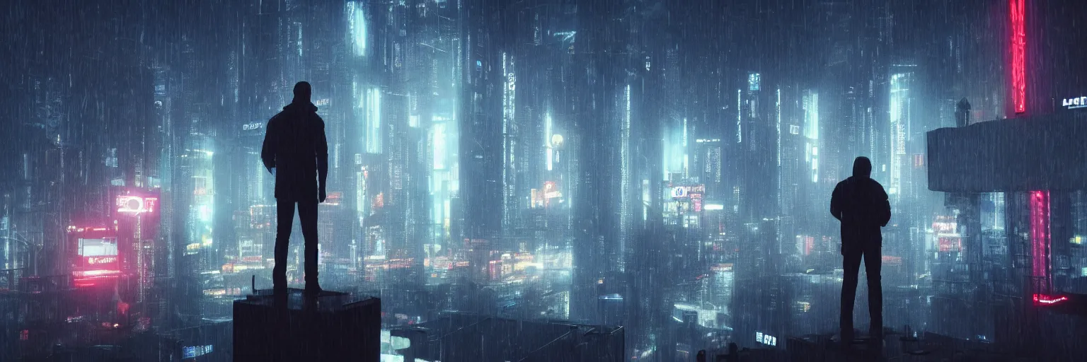 Prompt: shot of the man standing on the roof during rain, looks at impressive cyberpunk city at night during great storm, nightscape, futuristic architecture, realistic photo, neons, blade runner, akira style, cinematic lighting, cinematic angles