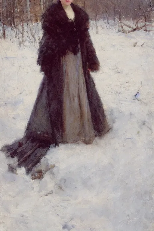 Prompt: Richard Schmid and Jeremy Lipking full length portrait painting of a young beautiful edwardian girl hold a victorian fur handwarmer standing in the snow