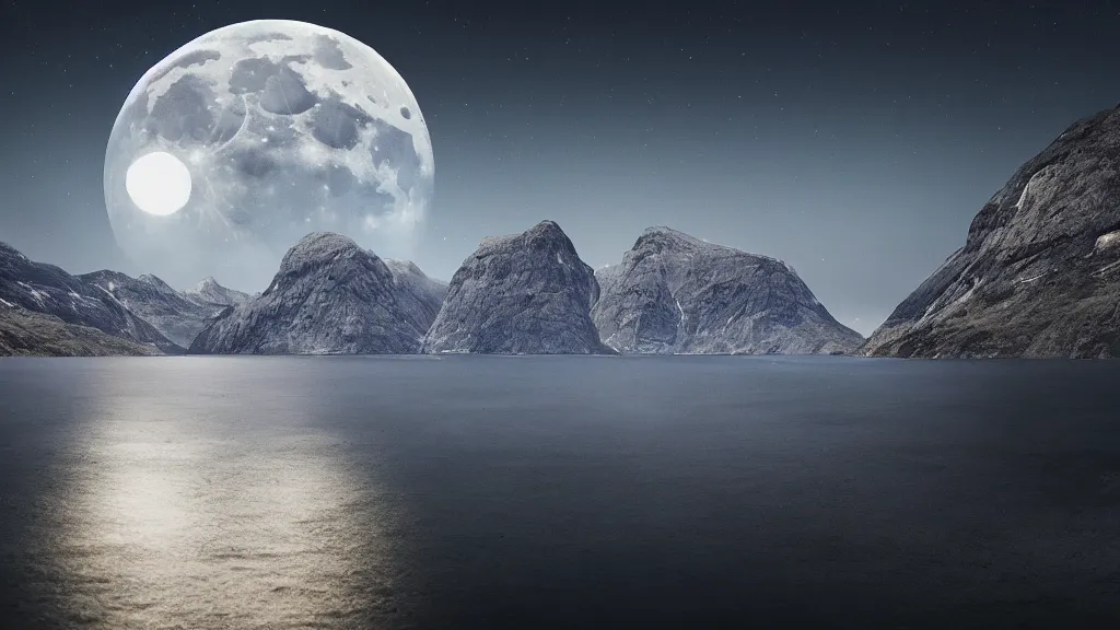 Prompt: a night view of the full moon above fjords, dark, very dark, blue, almost black, dark, dark, dark, dark, moon on the right, moon on the right, moon located on the right, the moon is on the right side, matte painting, concept art, 4 k