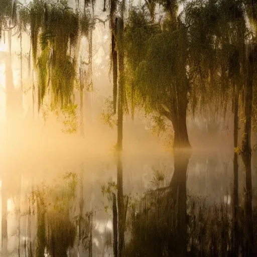 Prompt: a swamp house made of organic plants, sunrise, misty