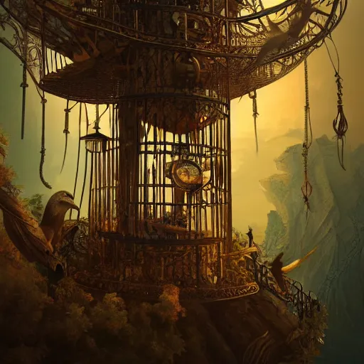 Image similar to intricate cage with bird of paradise steampunk, matte painting, cinematic, epic composition, detailed, atmospheric, wide angle, artstation trending