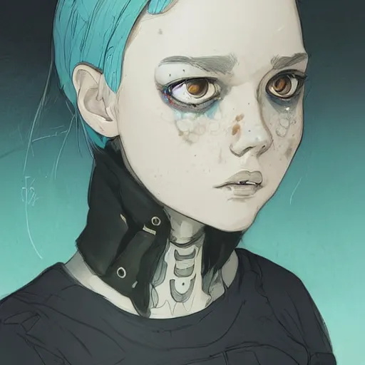 Image similar to Highly detailed portrait of a moody sullen punk zombie young lady with freckles by Atey Ghailan, by Loish, by Bryan Lee O'Malley, by Cliff Chiang, by Goro Fujita, by Greg Tocchini, inspired by ((image comics)), inspired by nier:automata, inspired by graphic novel cover art !!!cyan, brown, black, yellow and white color scheme ((grafitti tag brick wall background))