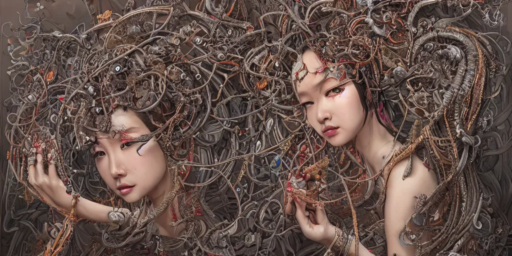 Image similar to hyperrealistic photography of a highly detailed and symmetrical gorgeous nepalese female demigorgon deconstructing a poetry machine in the style of Jin Kagetsu, James Jean and wlop, highly detailed, face symmetry, masterpiece, award-winning, sharp focus, intricate concept art, ambient lighting, 8k, artstation