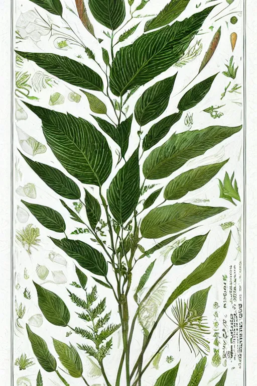 Prompt: herbarium page, highly detailed, fantasy plants, cool white, clean, white border, by denis sarazhin, victo ngai