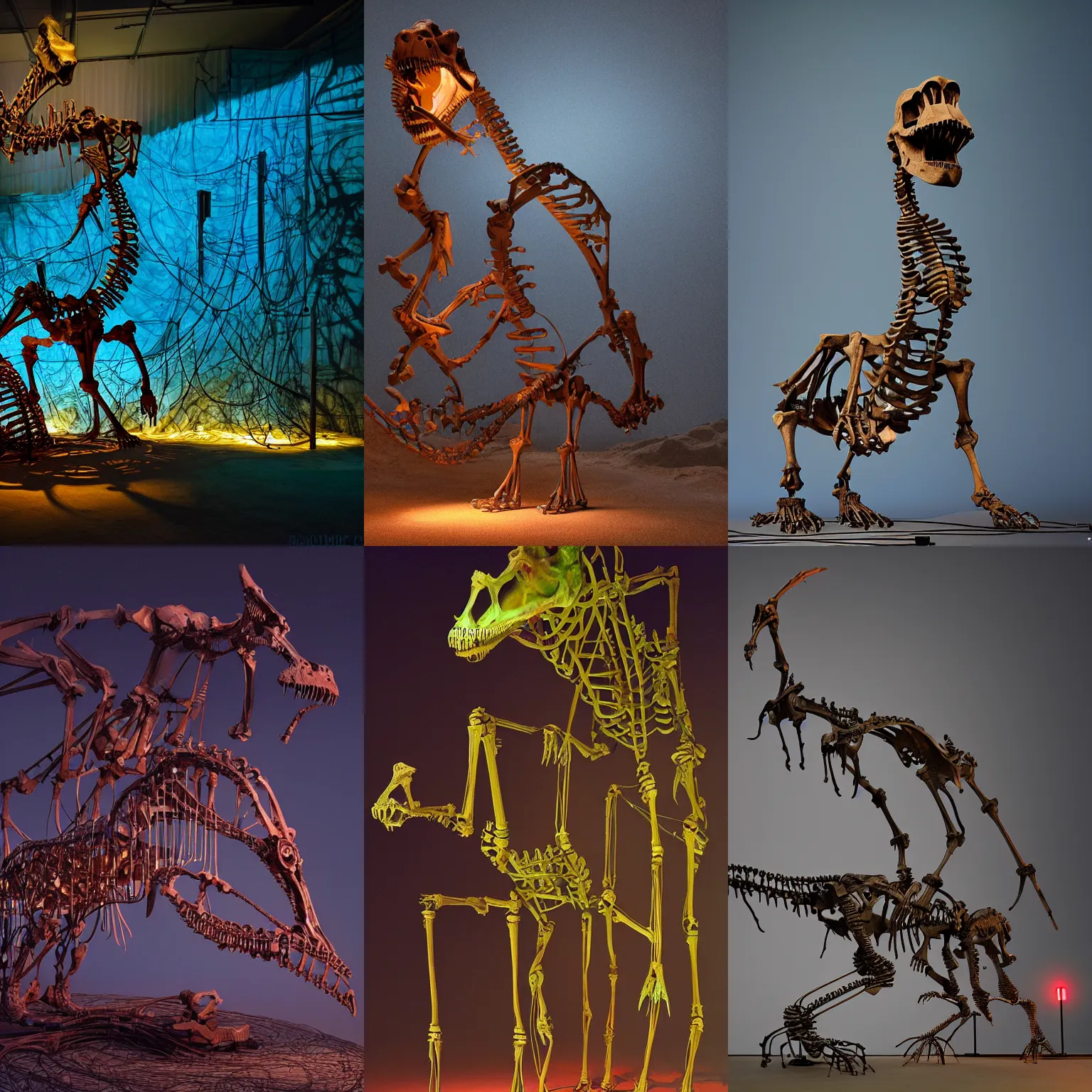 Prompt: Simple funny mechanic organic dinosaur skeleton sculpture made from cables, wires and tubes, by david lachapelle, by angus mckie, by rhads, in a dark empty black studio hollow, c4d, at night, rimlight, rimight, rimlight