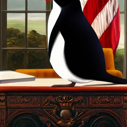 Image similar to oil painting of Pingu in the oval office
