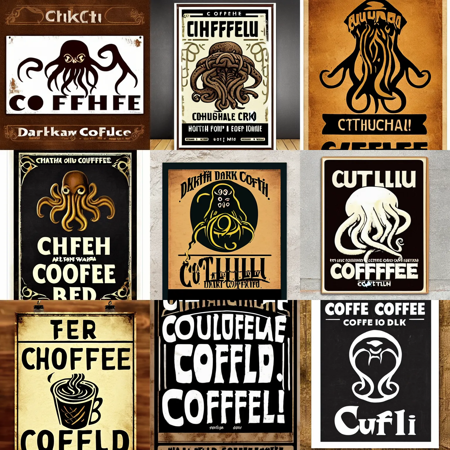 Prompt: Poster or sign for Cthulhu coffee, dark blend, course grind, cappuccino, latte