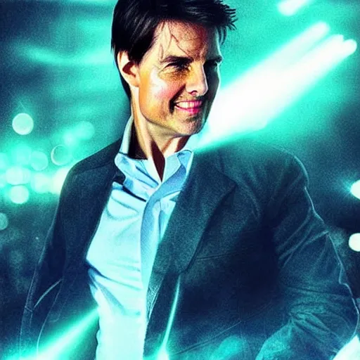 Image similar to “Tom Cruise, beautiful, Magic FX, red blue colors, lights, bokeh, highly detailed portrait, photorealistic, ultra detailed”