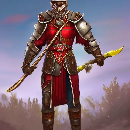 Image similar to a valiant justiciar. full plate armor. red feather on helmet. Noble pose. sunlit. rustic scenery. detailed digital art. 4k