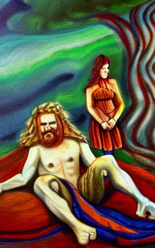 Prompt: yggdrasil and gods resting, nordic folk, oil painting