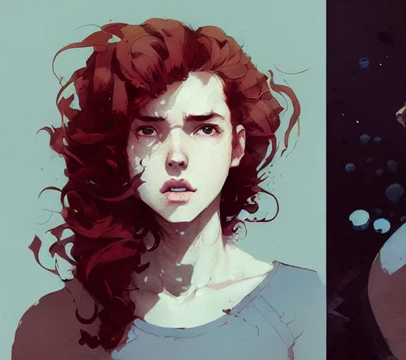 Prompt: portrait man with red curly hair and bright eyes atey ghailan, by greg rutkowski, by greg tocchini, by james gilleard, by joe fenton, by kaethe butcher, by ashley wood, dynamic lighting, gradient light blue, brown, blonde cream and white color scheme, grunge aesthetic