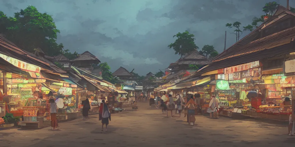 Prompt: shops at pulau indah town, early morning, detailed matte painting, low angle view, telephoto lens, bokeh, studio ghibli, artstation