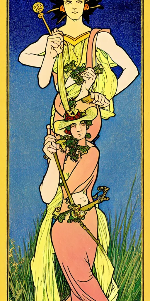 Prompt: the fool, rider - waite tarot card with an art deco boarder, high quality, digital painting, by studio ghibli and tammara de lempika and alphonse mucha