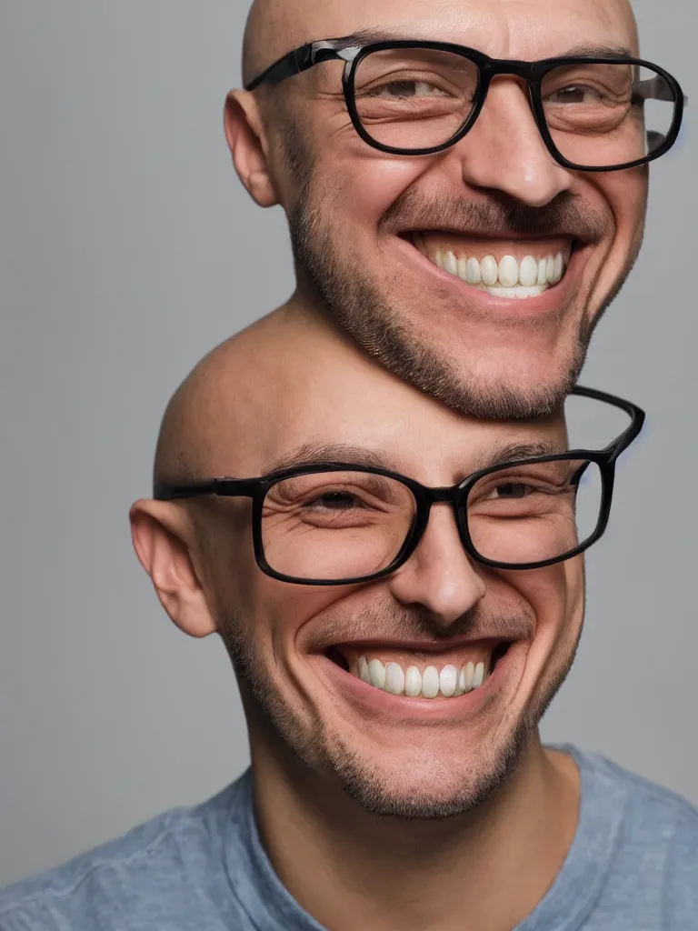 Prompt: Portrait of a skinny bald man grinning with yellowed teeth wearing glasses