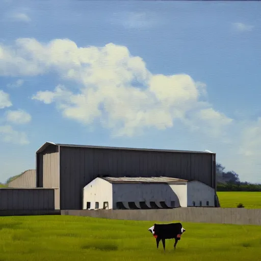 Prompt: exterior view of modern futuristic farm barn architecture, cows, pigs, chickens, detailed luminescent oil painting 4 k