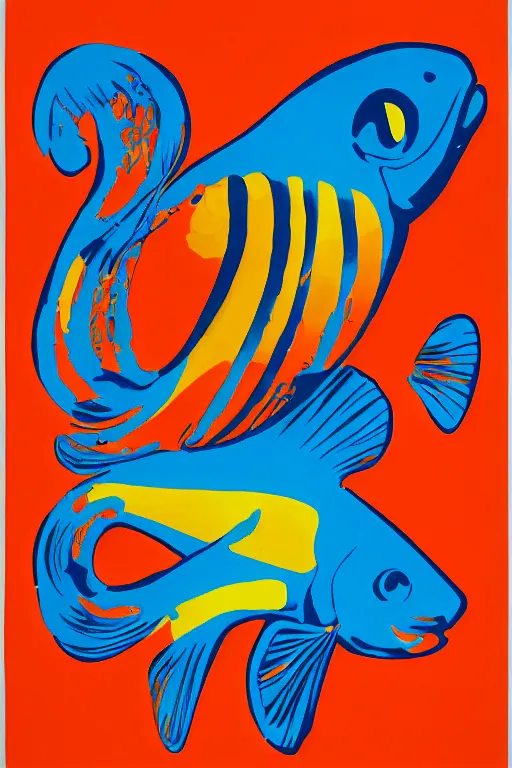 Prompt: goldfish, screen print poster, 1968 psychedelic, san francisco, hippie style