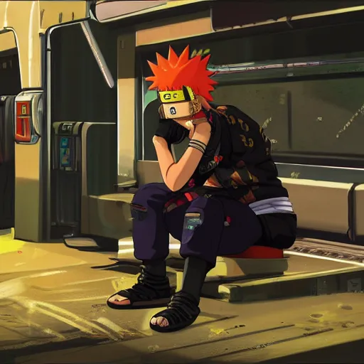 Image similar to naruto as cyberpunk 2077 character sitting on a train holding a katana