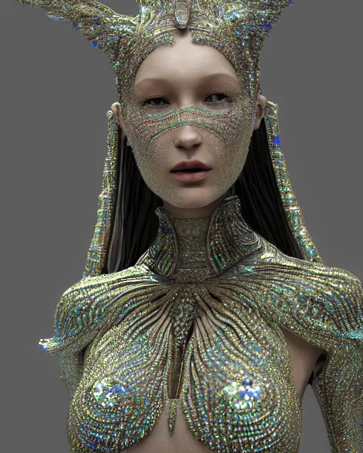 Image similar to a highly detailed metahuman 4 k close up render of an alien goddess bella hadid monument saint in iris van herpen dress schiaparelli in diamonds crystals swarovski and jewelry iridescent in style of alphonse mucha gustav klimt trending on artstation made in unreal engine 4