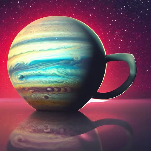 Prompt: a teacup containing a planet Jupiter as a boiling liquid, hyper realistic, digital art, colorful