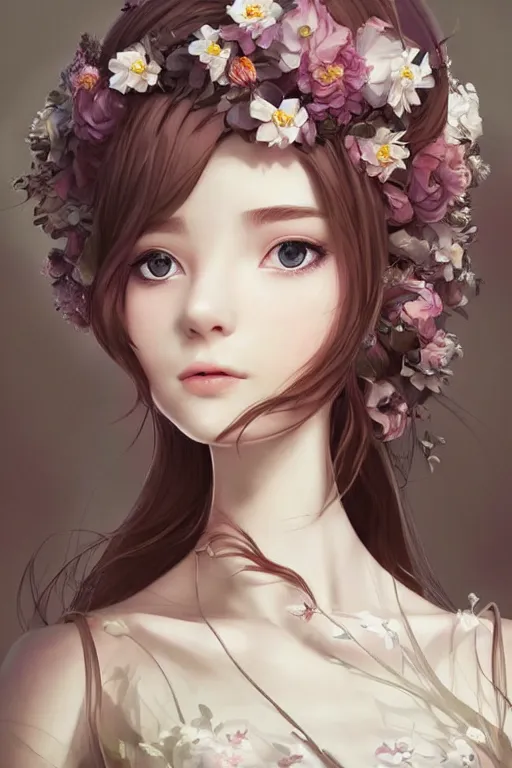 Image similar to romantic and fashion and love princess of the flower with sheath dress, 8 k realistic, teenager girl, baroque, symmetrical, flowing hair, smile, trending pinterest and pixiv, muted colors, hyperrealistic, l close up shot, character concept art, face by kyoung hwan kim, alexandra fomina, ilya kuvshinov