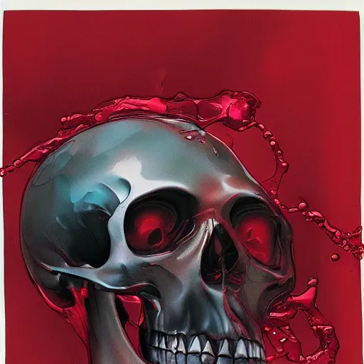 Image similar to turbulent transparent red liquid inside in a transparent skull, alex maleev