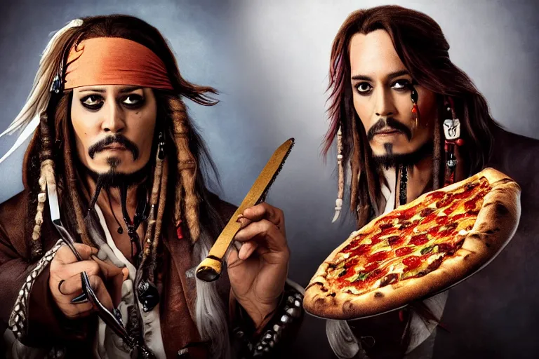 Prompt: Captain Jack Sparrow eating a delicious pizza, studio portrait, dramatic lighting, trending on artstation