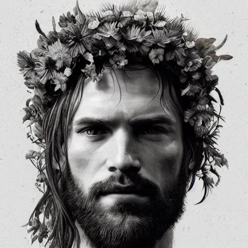 Image similar to portrait of the god of the meadow, 30 years old, meadow, flower crown, rugged, male, gorgeous, detailed face, amazing, hairy torso, muscular, intricate, highly detailed, digital painting, artstation, concept art, sharp focus, illustration, art by greg rutkowski and alphonse mucha