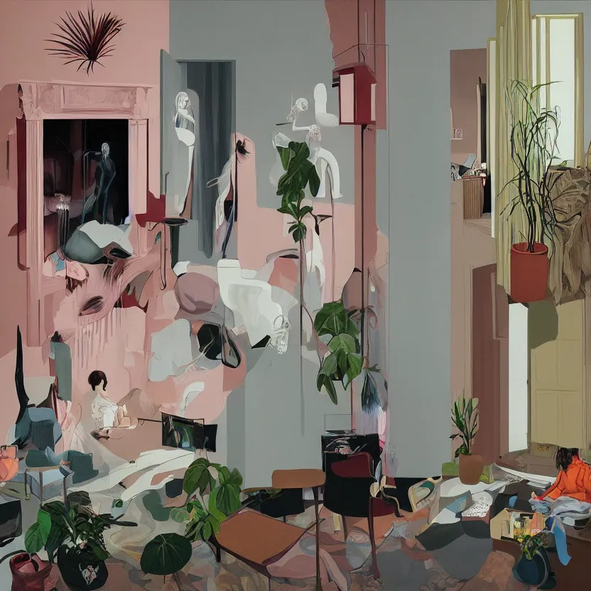 Image similar to One woman feeling lost in a living room of a house, There is one living room plant to the side of the room, surrealism painting by francis bacon and martine johanna