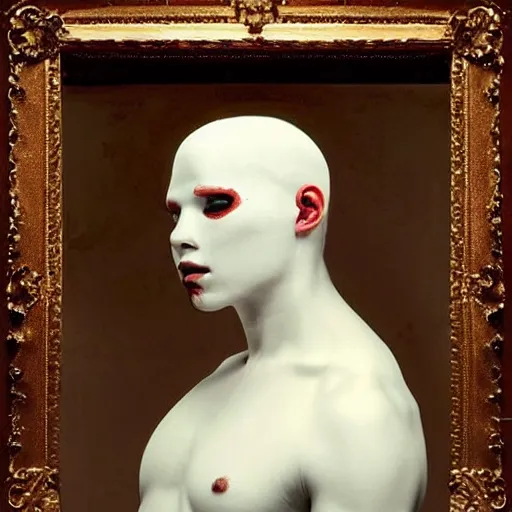 Image similar to an all white human, with no facial features, like a white mask pulled over their face, full body laying in a blood red pool of water between a golden mirror frame, outside is space and inside the mirror frame is a beautiful landscape., physically accurate, dynamic lighting, intricate, elegant, highly detailed, very very Roberto Ferri, sharp focus, very very unsettling, very terrifying, illustration, art