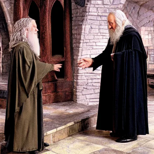 Prompt: frodo baggins meeting dumbledore, in hogwarts, cinematic