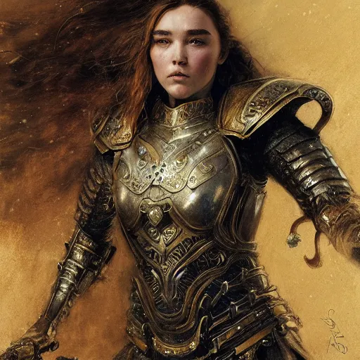 Image similar to florence pugh, wearing dark black ornamented medieval armour, detailed, by gaston bussiere, bayard wu, greg rutkowski, giger, maxim verehin, greg rutkowski, masterpiece, sharp focus,