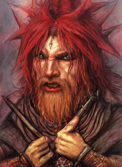 Prompt: portrait of dwarvern wizard, beautiful! coherent! dungeons and dragons character, by brian froud, strong line, deep color, leather armor, short red hair, high contrast