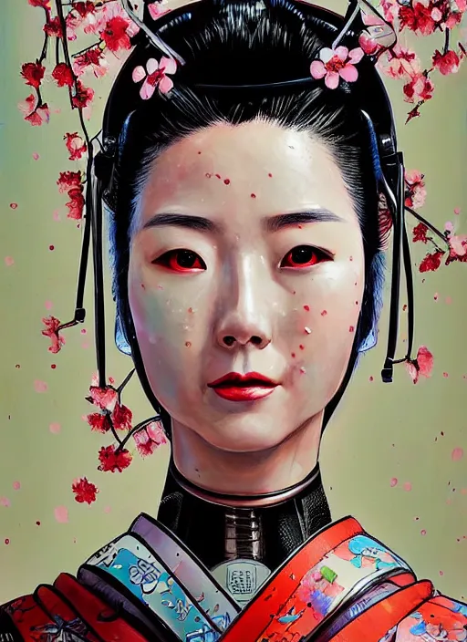 Prompt: an epic fantastic realism comic book style portrait painting of a japanese robotic geisha, cherry blossom rain everywhere, apex legends,