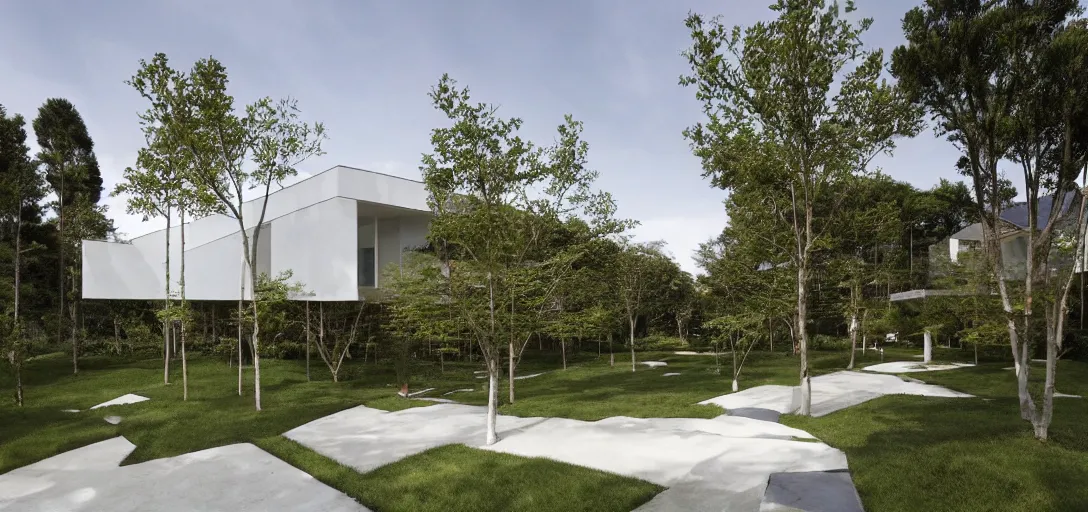 Prompt: single - family house designed by renzo piano. landscape design by kongjian yu.