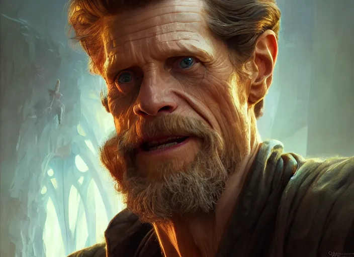 Image similar to williem dafoe as oscar diggs, intricate, d & d, fantasy, art nouveau, digital painting, trending on artstation, sharp focus, illustration, global illumination, ray tracing, art by artgerm and greg rutkowski and ruan jia