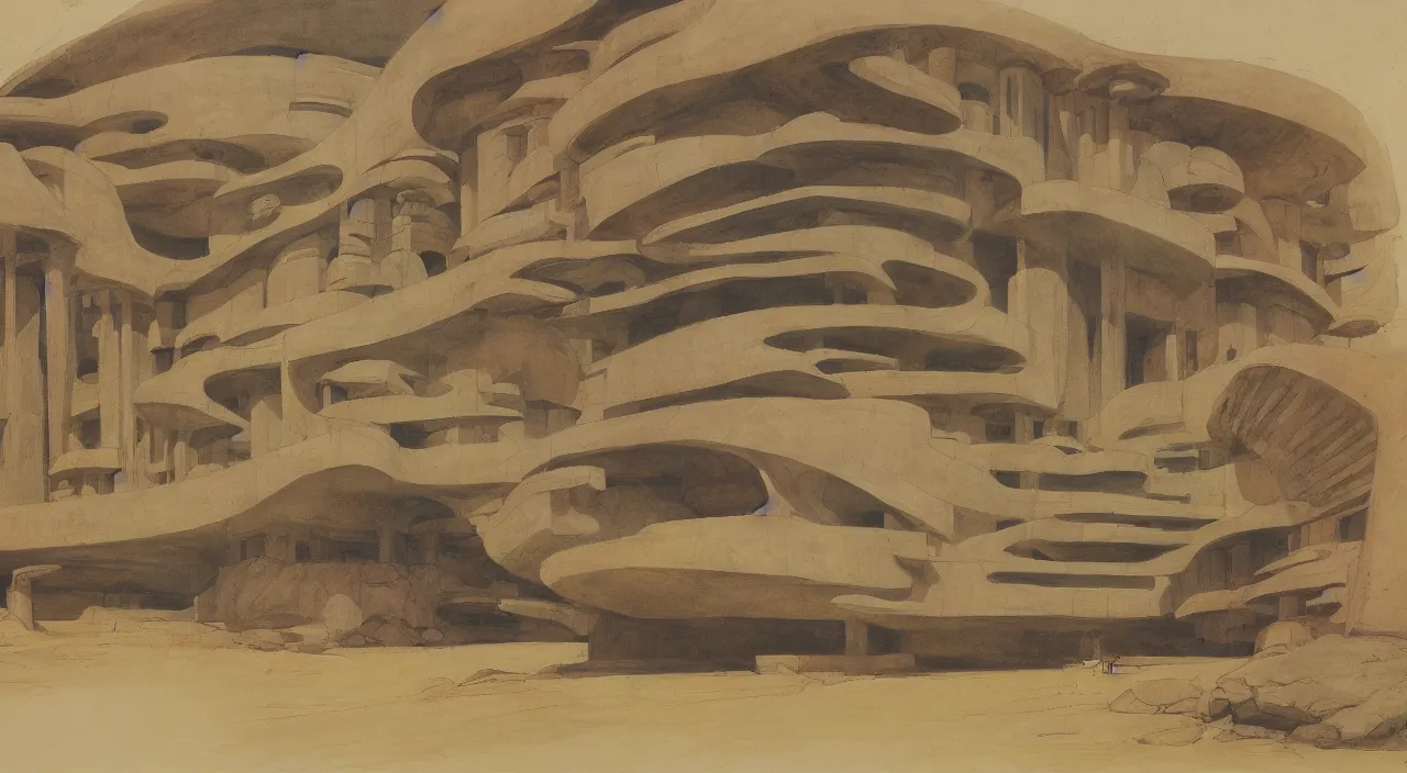 Image similar to chiaroscuro gouache by james gurney. utopia building designed by frank lloyd wright. dune palace. composed by directory kurosawa ( 1 9 6 2 ). baroque frame