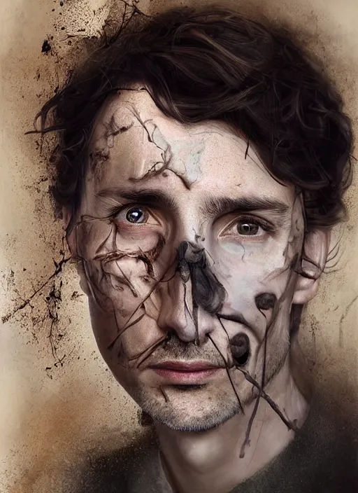 Prompt: a profile portrait of a man with a opening hole into skull showing cobwebs, dust and rats, ( ( ( justin trudeau ) ) ), digital art, highly detailed, by alyssa monks and charlie bowater