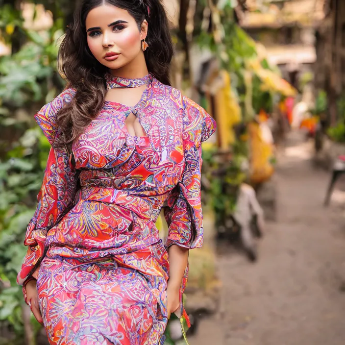 Image similar to portrait of Demi Rose in Jakarta wearing batik and kemben, by Charlotte Grimm, natural light, detailed face, CANON Eos C300, ƒ1.8, 35mm, 8K, medium-format print