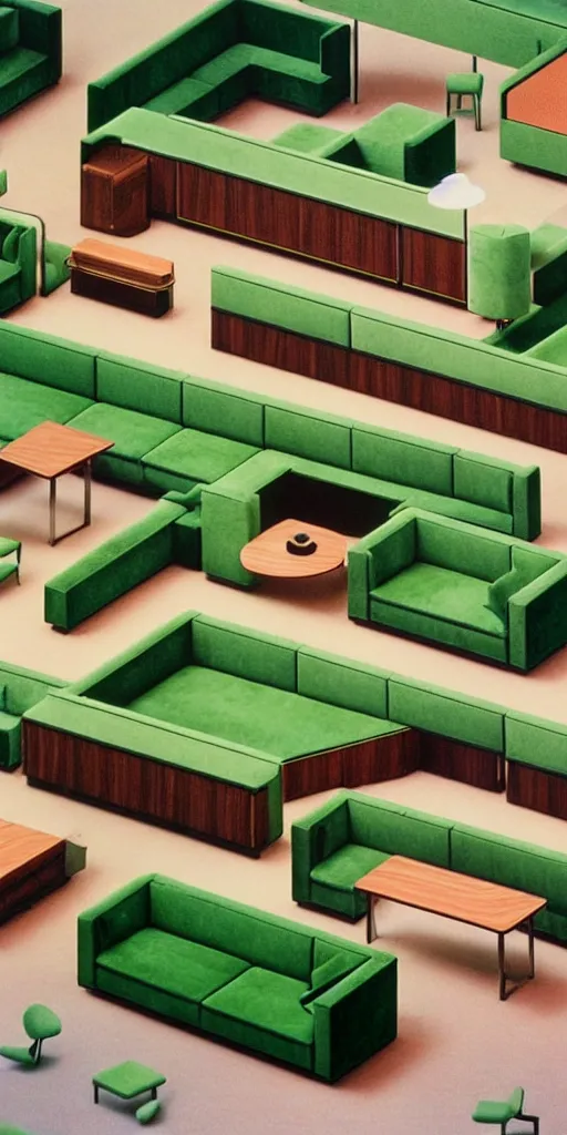 Image similar to huge sprawling gargantuan angular dimension of infinite indoor landscape 7 0 s green velvet and wood with metal office furniture. surrealism, mallsoft, vaporwave. muted colours, 7 0 s office furniture catalogue, shot from above, endless, neverending epic scale by escher and ricardo bofill