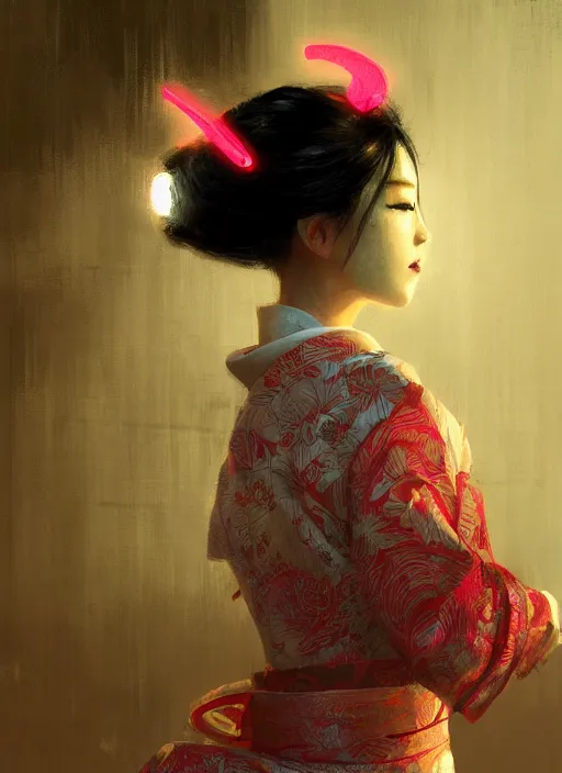 Prompt: female geisha girl, beautiful face, neon, rule of thirds, intricate outfit, spotlight, by greg rutkowski, by jeremy mann, digital painting