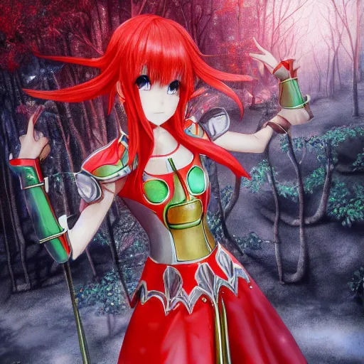 Prompt: portrait focus of knight beautiful 3D anime girl, tomato armor wearing, dark forest background, snowing, bokeh, inspired by Masami Kurumada, digital painting, high contrast, unreal engine render, volumetric lighting, high détail