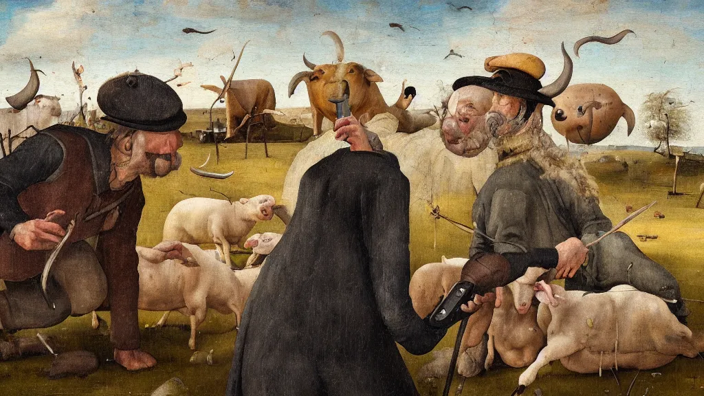 Prompt: A butcher and sheep taking a selfie smiling, in the fashion of Hieronymus Bosch, oil on canvas, painting, 4k, wide shot